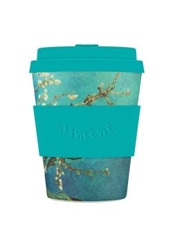 Vaso reutilizable elaborado con fibras vegetales con un bonito dibujo del cuadro del almendro en flor de Van Gogh. EcoCoffeeCup