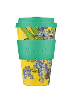 Vaso reutilizable con tapa de silicona de material vegetal pintado con Los Lirios de Van Gogh