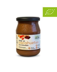 Crema de cacahuete con cacao de Comercio Justo, ecológica y vegana en tarro de vidrio.