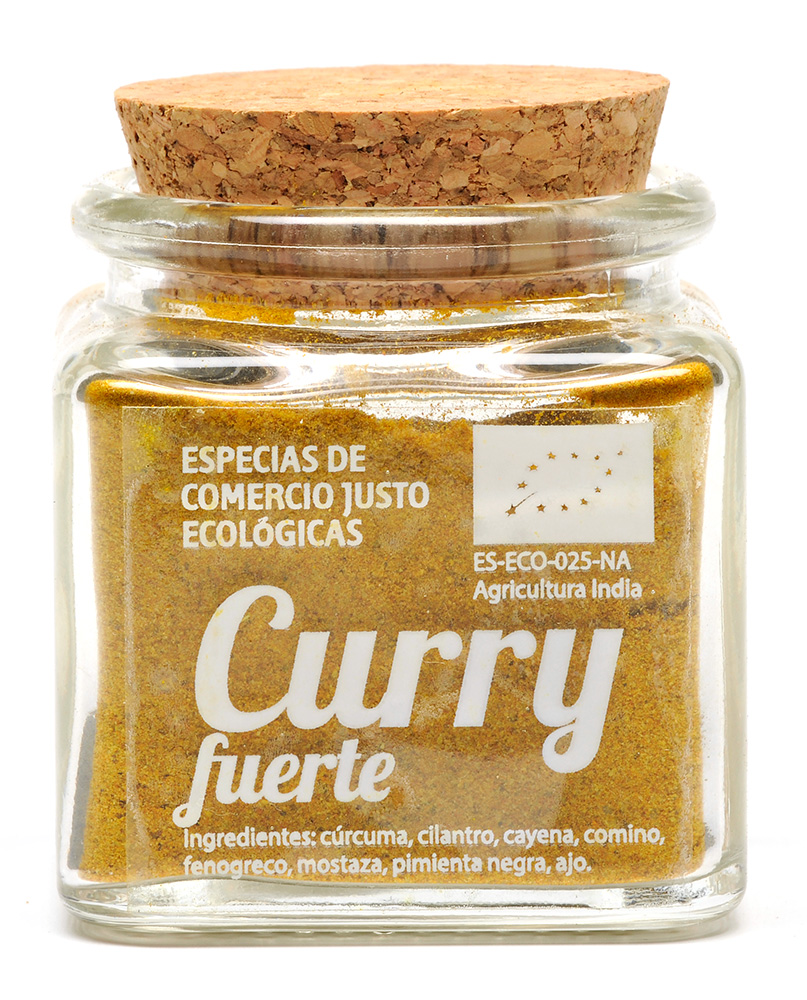 Curry fuerte ecológico y de Comercio Justo en tarro de cristal transparente con tapón de corcho