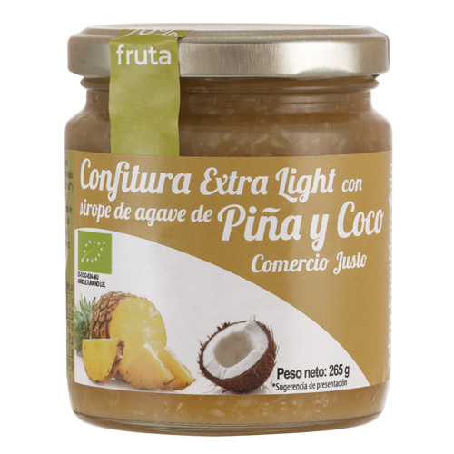Bote de cristal de confitura extra light con sirope de agave de Piña y Coco