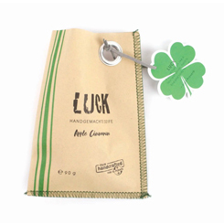 Bolsa de jabón Luck con un jabón interior de un trébol de 4 hojas