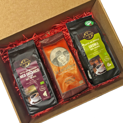 Selección de tres café ecológicos y de Comercio Justo en caja de cartón para regalo